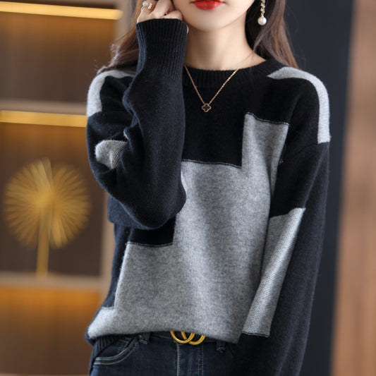 New Round Neck Long Sleeve Women's Knitwear Korean Style Bottoming Color Block Knitwear
