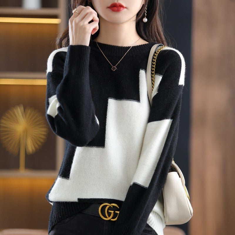 New Round Neck Long Sleeve Women's Knitwear Korean Style Bottoming Color Block Knitwear
