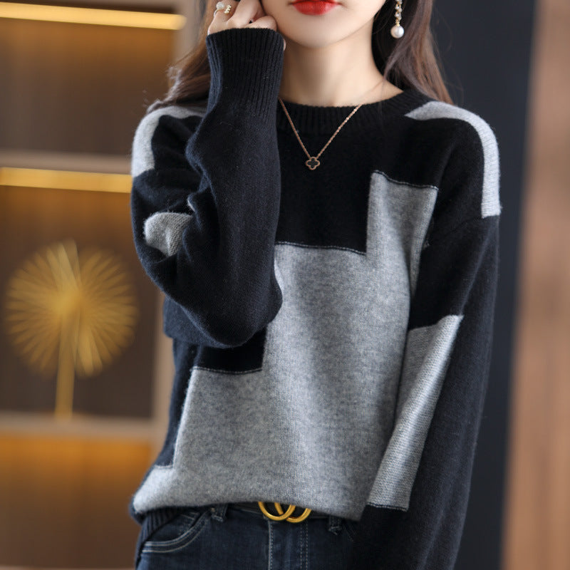 New Round Neck Long Sleeve Women's Knitwear Korean Style Bottoming Color Block Knitwear