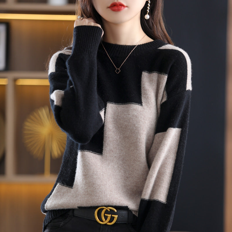 New Round Neck Long Sleeve Women's Knitwear Korean Style Bottoming Color Block Knitwear