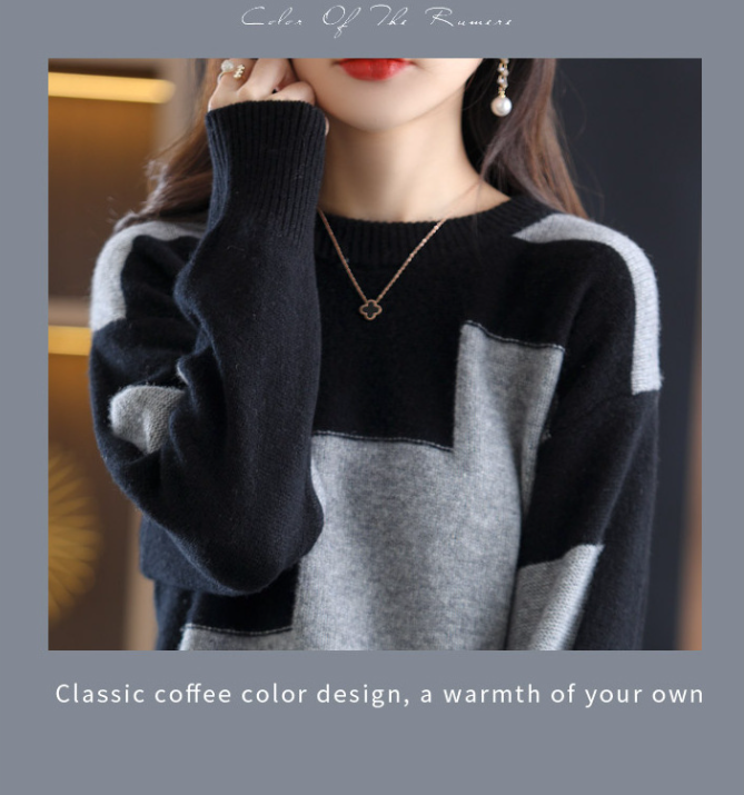 New Round Neck Long Sleeve Women's Knitwear Korean Style Bottoming Color Block Knitwear