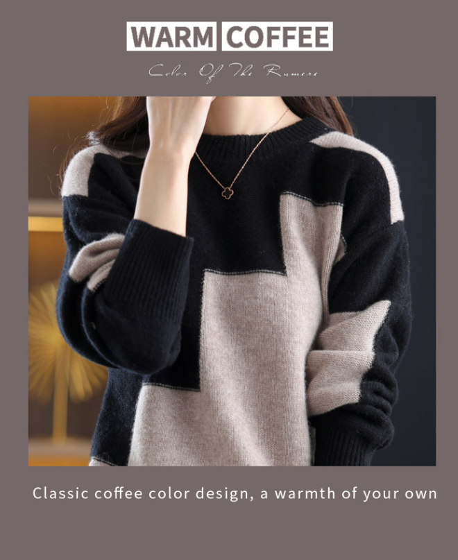 New Round Neck Long Sleeve Women's Knitwear Korean Style Bottoming Color Block Knitwear