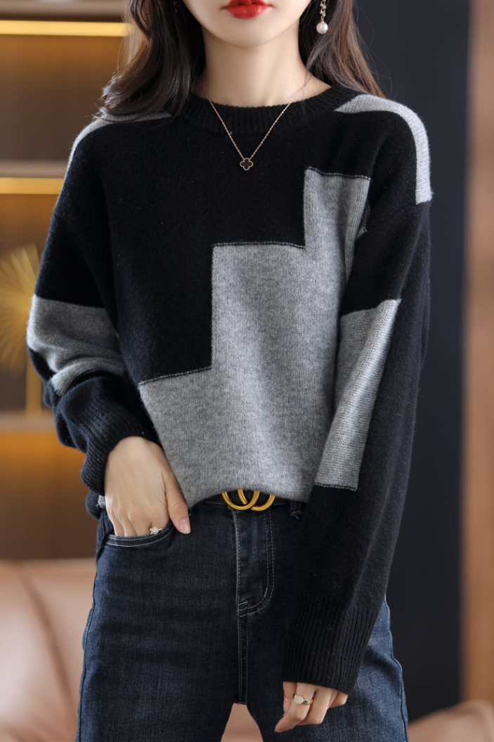 New Round Neck Long Sleeve Women's Knitwear Korean Style Bottoming Color Block Knitwear